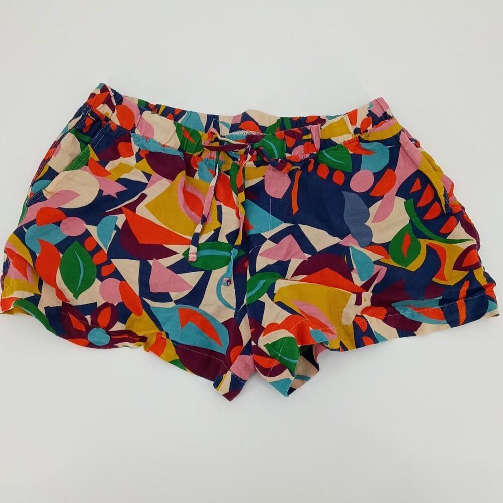Velvet Linen Blend Drawstring Shorts M Elastic Waist Colorful Abstract Boho Max